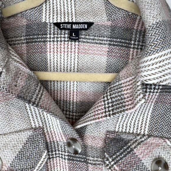 Steve Madden Womens High Noon Plaid Button-Up Shacket Jacket Large Pink Brown - Picture 2 of 7